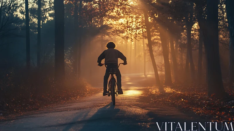 Cyclist on forest path during dawn with atmospheric light.