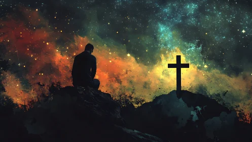 Solitary figure prays beside a cross under a glowing cosmos
