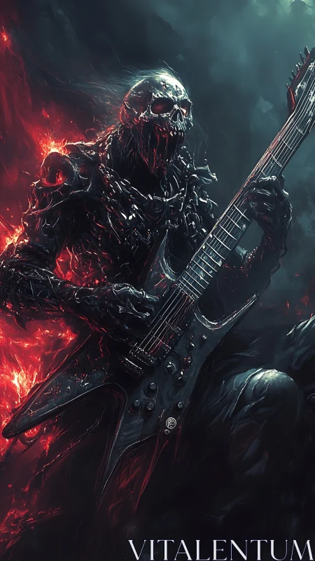 Demonic skeletal guitarist in molten inferno storm scene.