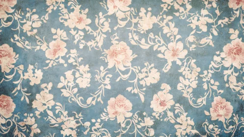 Floral stencil pattern repeats across distressed blue field
