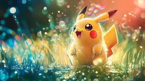 Pikachu rendered in luminous wet grass with bokeh light.