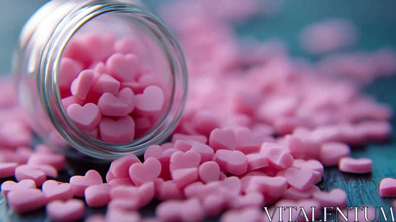 Pink Heart Candy Spilling from Glass Jar.