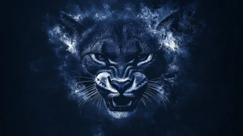 Blue Snarling Cougar Head with Ethereal Light Effects.