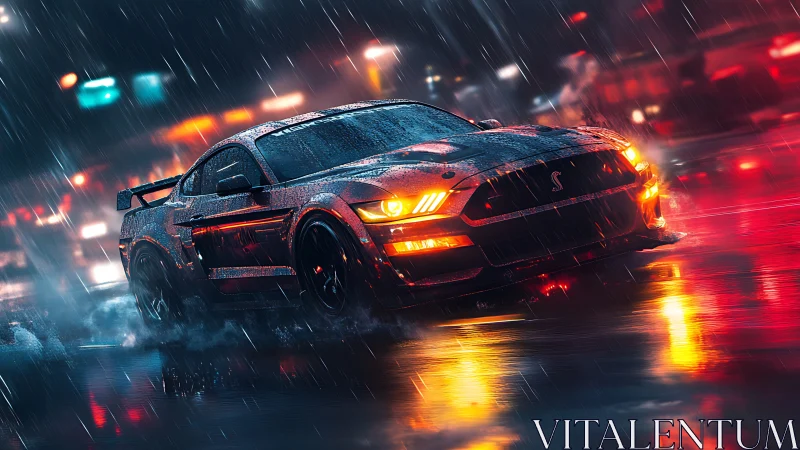 Muscle car drifts through neon city rain in cinematic motion