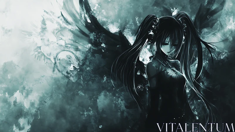 Shadow-winged songstress drifting through monochrome storm.