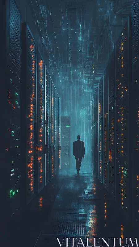 Cyberpunk server corridor with silhouetted lone figure.