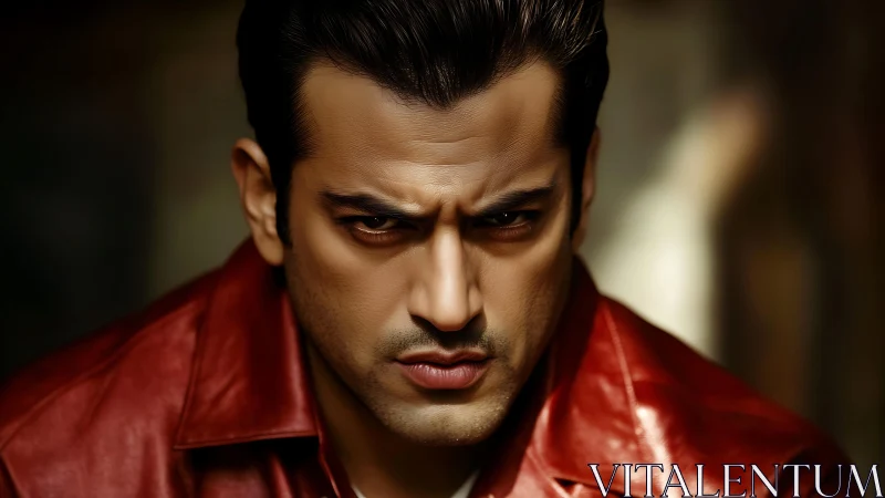 Intense male portrait in red leather jacket, moody light.