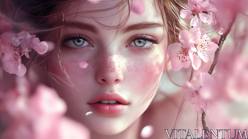 Close portrait of young woman framed by pink blossoms.