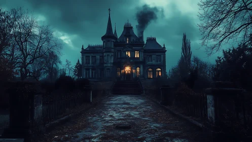 Large mansion at dusk with lit windows and visible smoke.