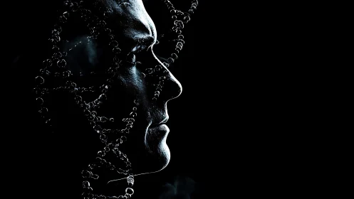 Human profile wrapped in shimmering DNA-like strands.