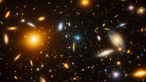 Dense galaxy cluster field with bright orange and blue light.