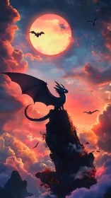 Moonlit dragon sentinel crowns a blazing fantasy sky