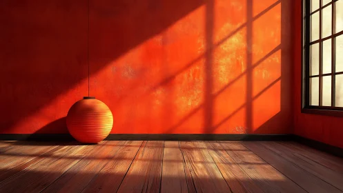 Minimalist red room with paper lantern and warm sunlight.