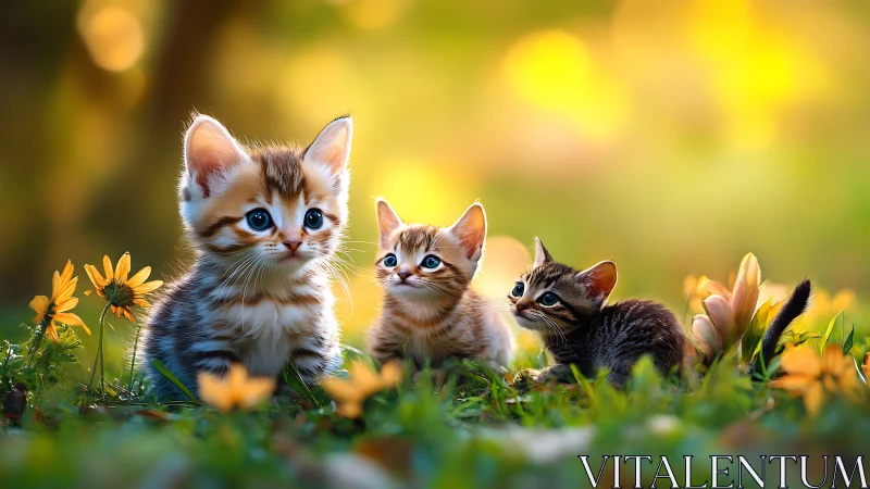 Three Kittens in Meadow with Golden Wildflowers.