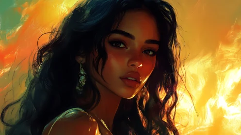 Woman with Dark Hair Illuminated by Golden and Green Light