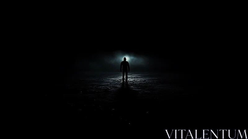 Silhouetted figure in backlit void with high contrast luminance.