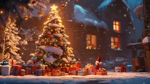 Snow-laden Christmas tree with gifts in warmly lit village courtyard