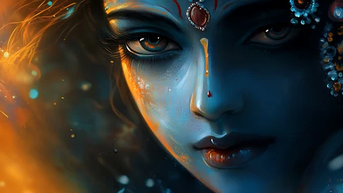 Chromatic deity portrait with spectral bokeh and molten highlights.