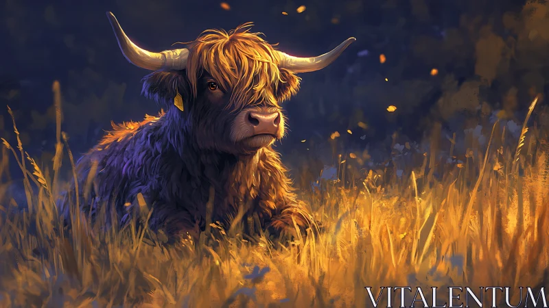 Highland cow resting in tall grass under warm light.