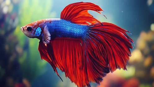 Scarlet betta prince unfurls royal fins in liquid light.