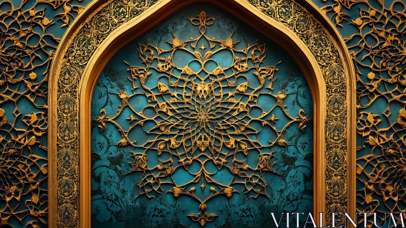 Gilded floral lattice blooming inside a turquoise archway.