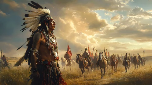 Indigenous horsemen progress across open grassland plain.