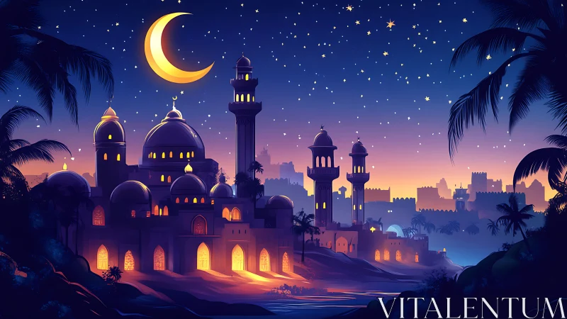 Moonlit desert citadel dreaming beneath a jeweled sky.