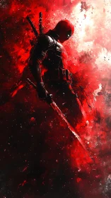 Red masked swordsman in dynamic splattered red light.