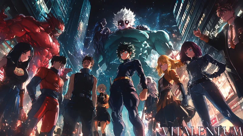 Nighttime hero team stands united in a glowing city street.