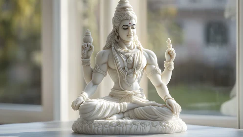 Sunlit ivory deity settles into tranquil, sculpted silence