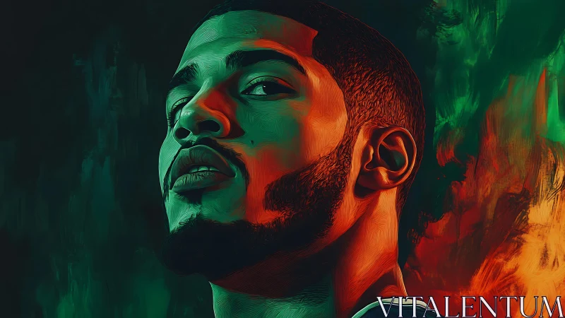 Smoldering portrait bathed in neon reds and forest greens.