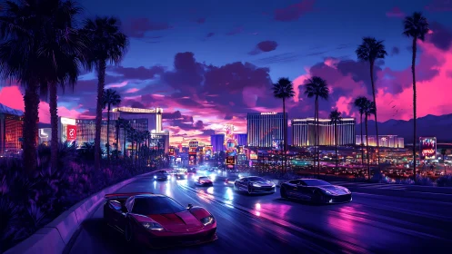 Neon supercars race toward glowing Las Vegas Strip skyline