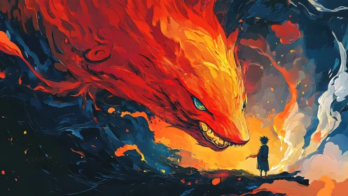Fiery spirit fox confronts lone hero amid swirling inferno