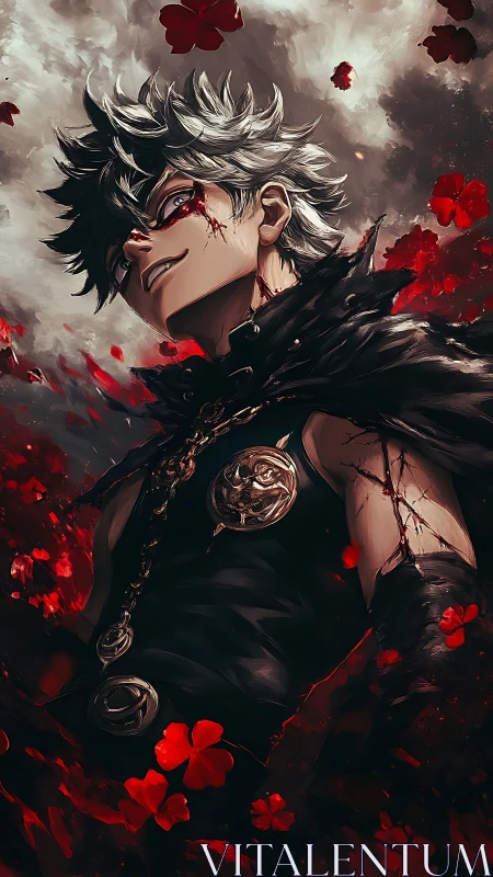 Storm-eyed antihero smiles through crimson falling petals