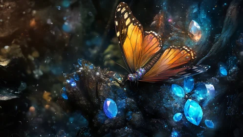 Gem-lit monarch butterfly dreaming in a midnight crystal grove.