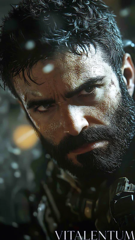 Battle-worn soldier stares forward through drifting sparks