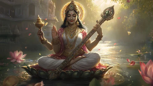 Radiant goddess on lotus amid sunlit temple waters.