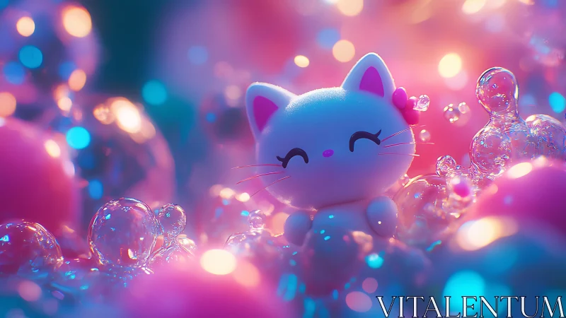 Lucky Cat in Glowing Dreamscape with Bubbles.