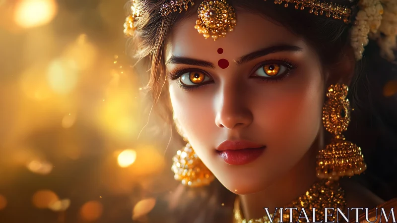 Digitally rendered Indian portrait with luminous amber eyes and ornate gold jewelry