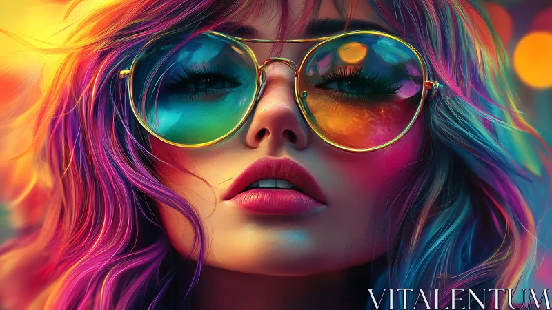 Multicolor portrait of woman in reflective round sunglasses.