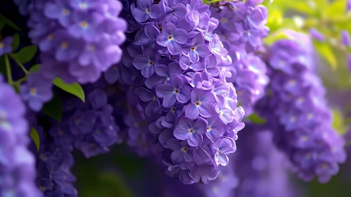 Purple lilac blossoms cluster on branches with yellow center stamens.