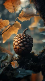 Cinematic macro render of sculpted fantasy acorn form.