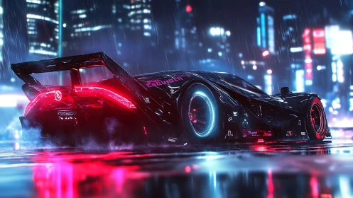 Futuristic neon race car on wet city street at night.