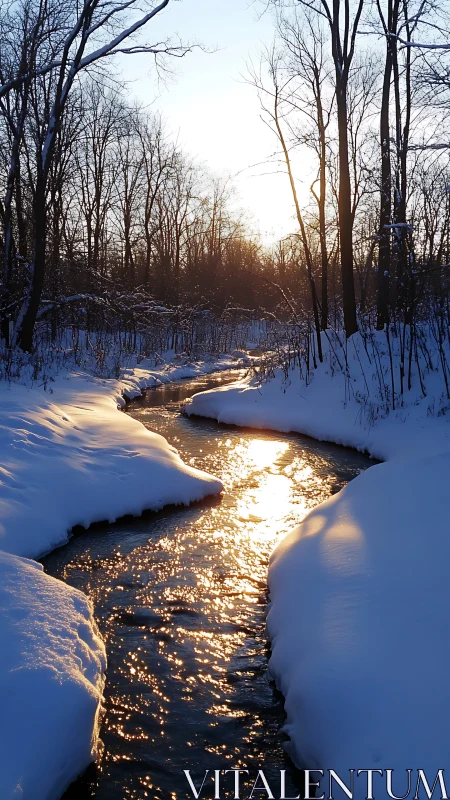 Winter creek reflects low golden sunset through bare forest