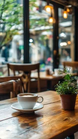 Morning cappuccino on rustic café table by window glow.