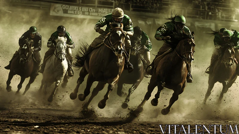 Thundering racehorses kick up storm clouds of stadium dust.