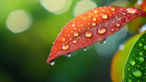 Scarlet leaf macro with shimmering raindrops in bokeh glow.