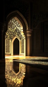 Golden archway of light inside a quiet ornamental hall.