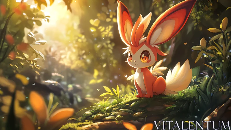 Digital painting of fox-like creature in luminous forest glade.