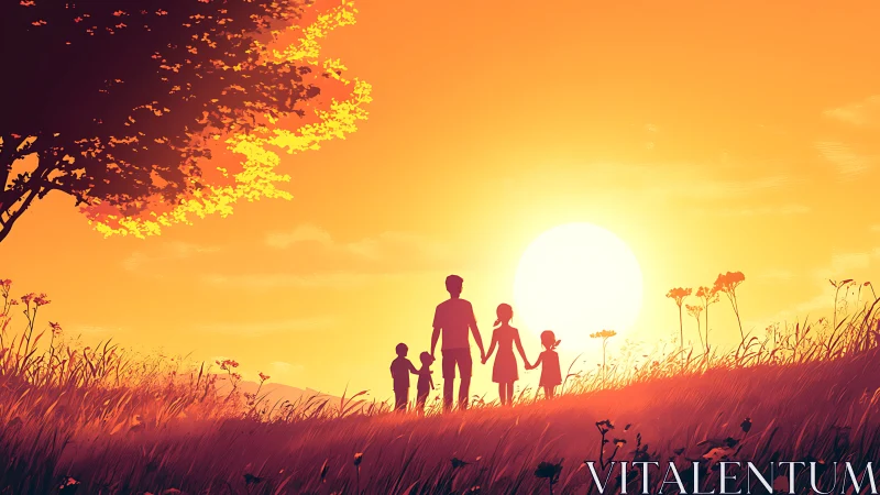 Silhouetted family crosses sunset meadow in warm gradient light